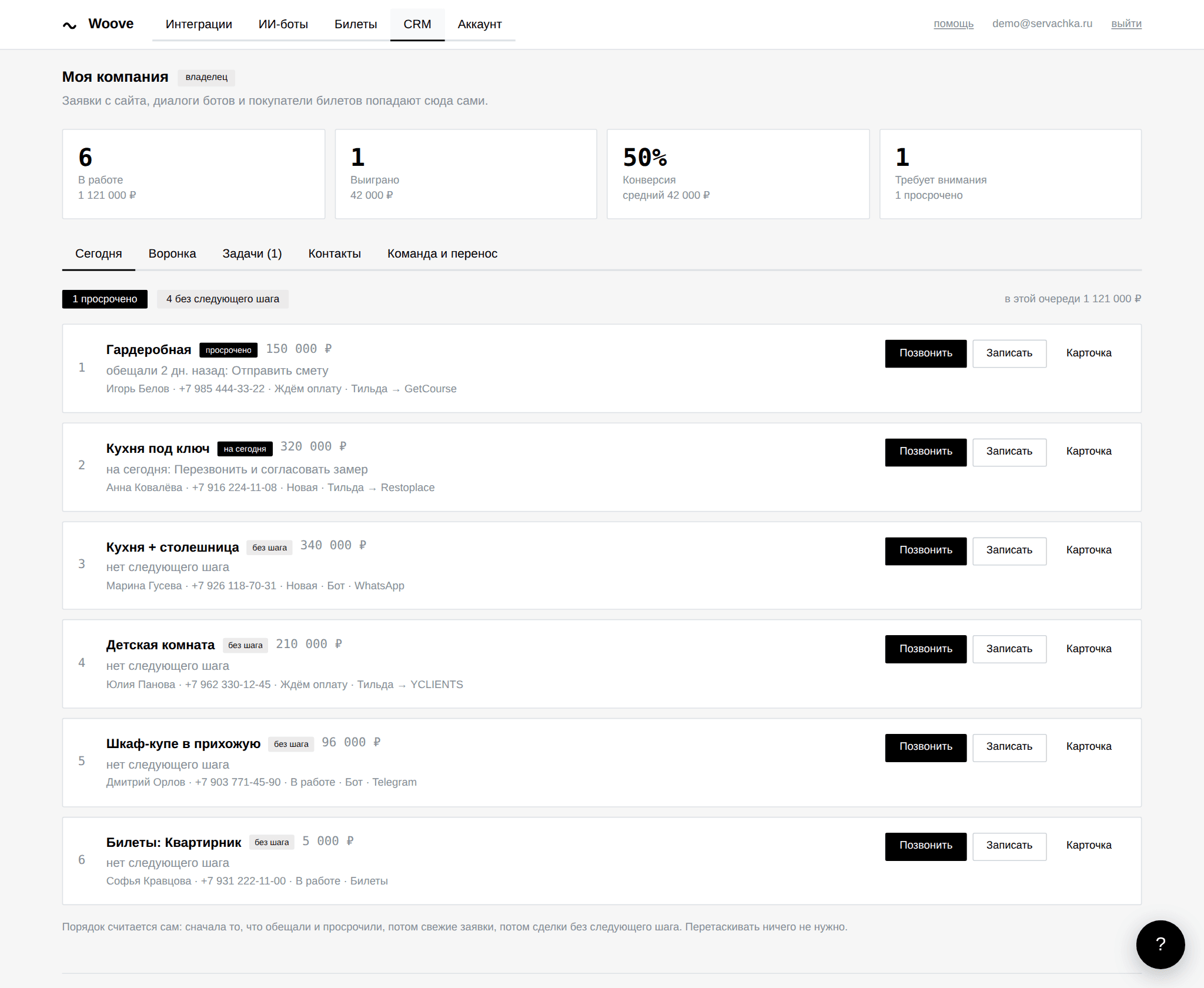 Экран «Сегодня» в Woove CRM: очередь сделок с причинами — просрочено, на сегодня, без следующего шага