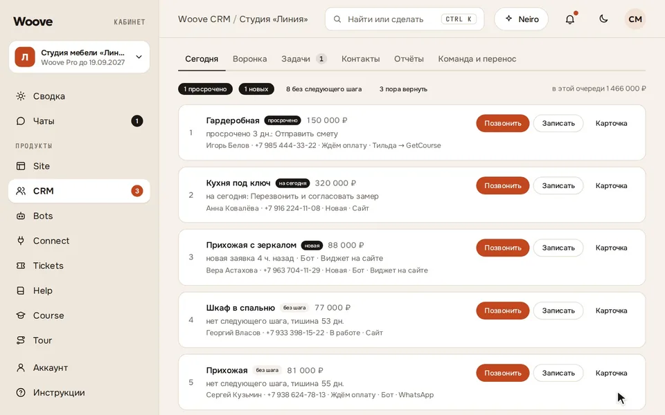 Очередь «Сегодня» в Woove CRM: итог звонка записан одной фразой, у сделки появились сумма и задача «Провести замер» на четверг, и она ушла из горящих в конец очереди